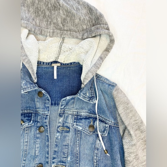 Free People Blue Hooded Distressed Denim Jean Jacket - Picture 7 of 16